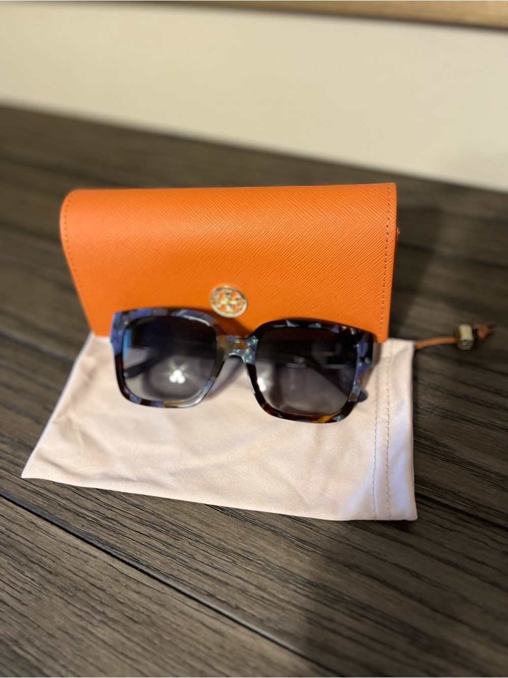 Tory Burch Reva Blue Tortoiseshell Square Sunglasses with Orange Case.